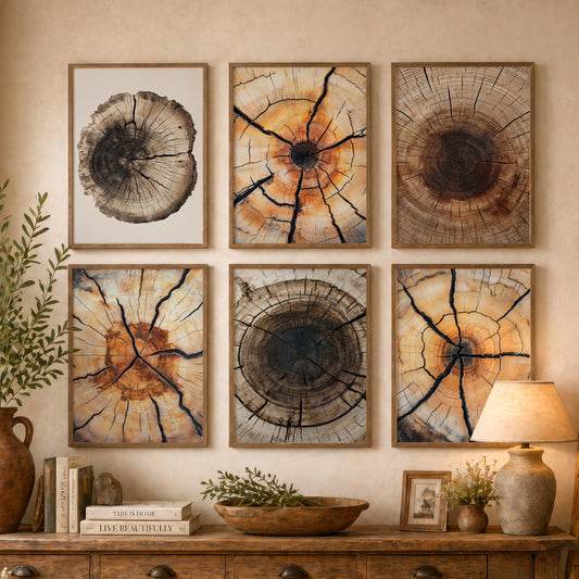 Set of Six Cracked Tree Ring Art Prints - 6 Close Up Wood Grain Posters - Amber, Orange and Dark Brown Timber Photo