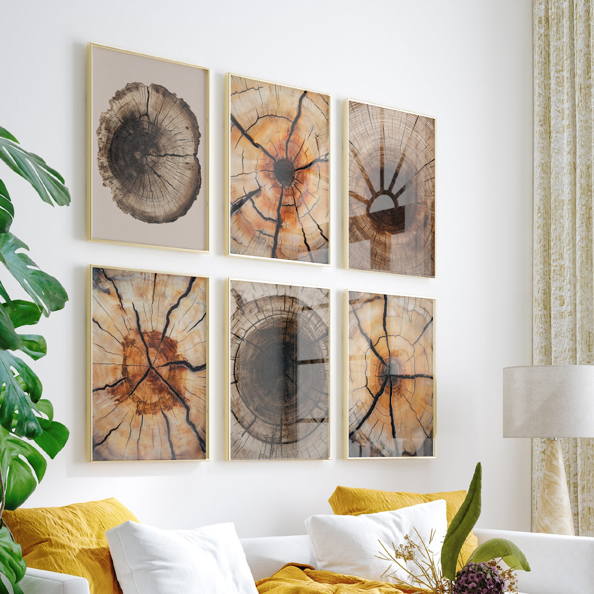 Set of Six Cracked Tree Ring Art Prints - 6 Close Up Wood Grain Posters - Amber, Orange and Dark Brown Timber Photo