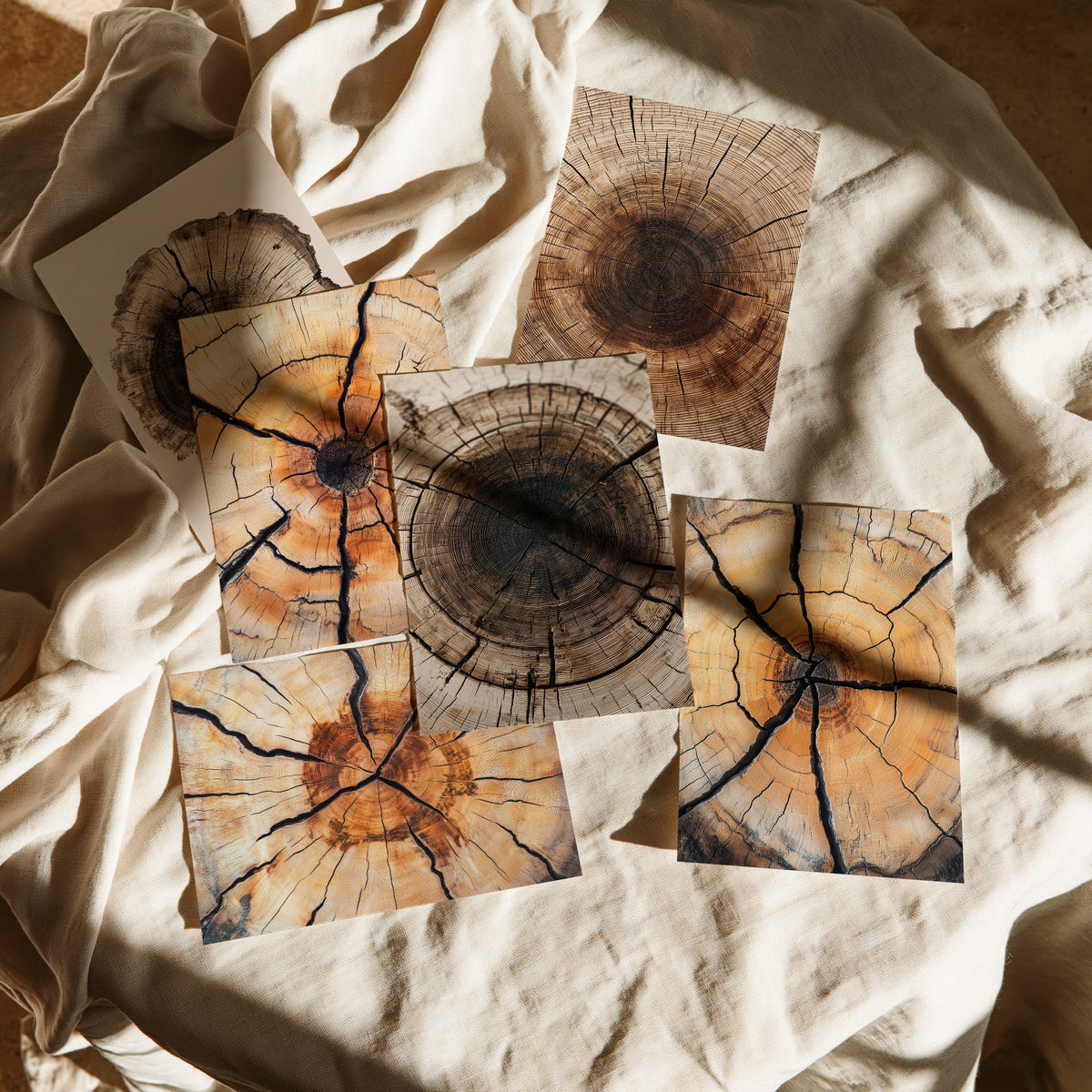 Set of Six Cracked Tree Ring Art Prints - 6 Close Up Wood Grain Posters - Amber, Orange and Dark Brown Timber Photo