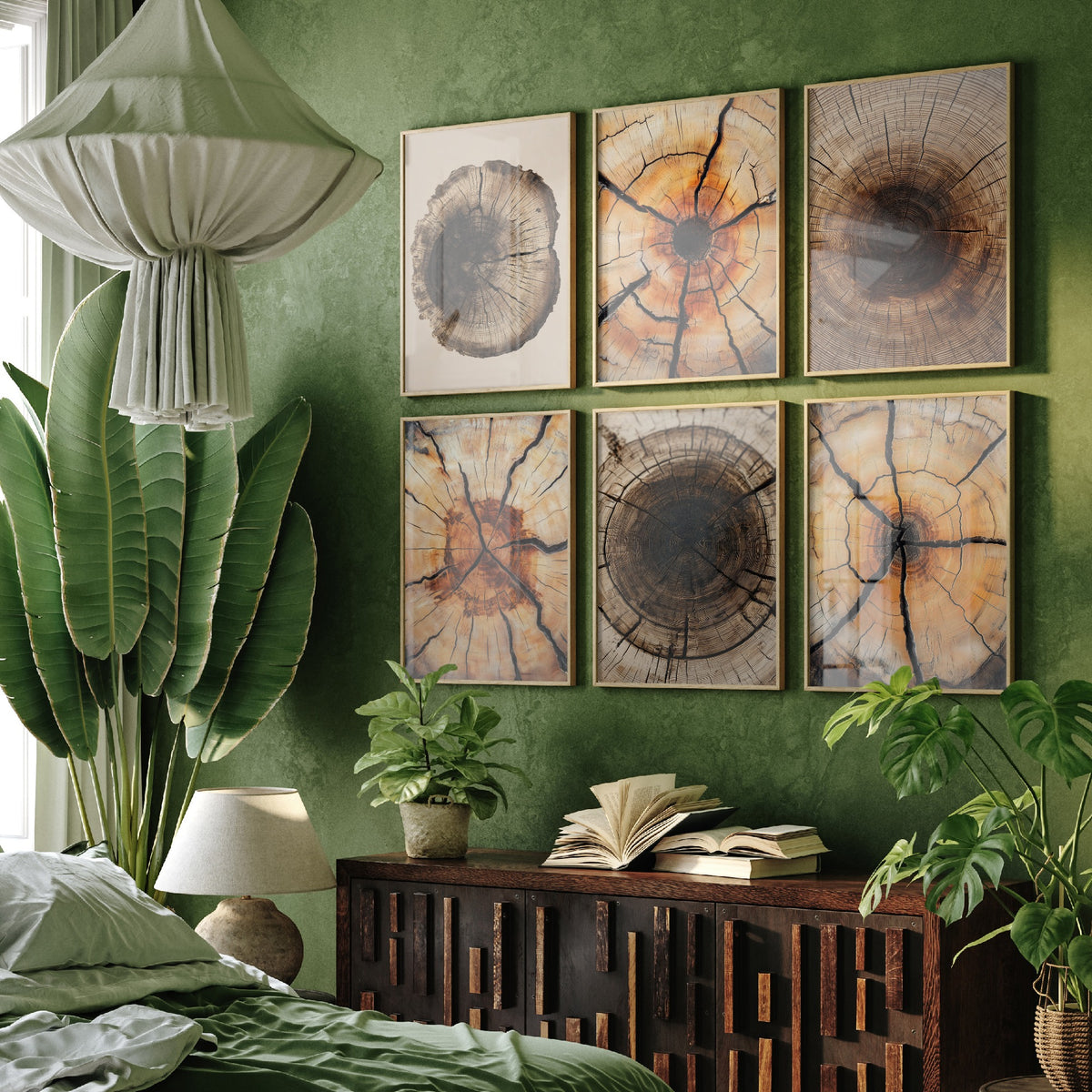 Set of Six Cracked Tree Ring Art Prints - 6 Close Up Wood Grain Posters - Amber, Orange and Dark Brown Timber Photo