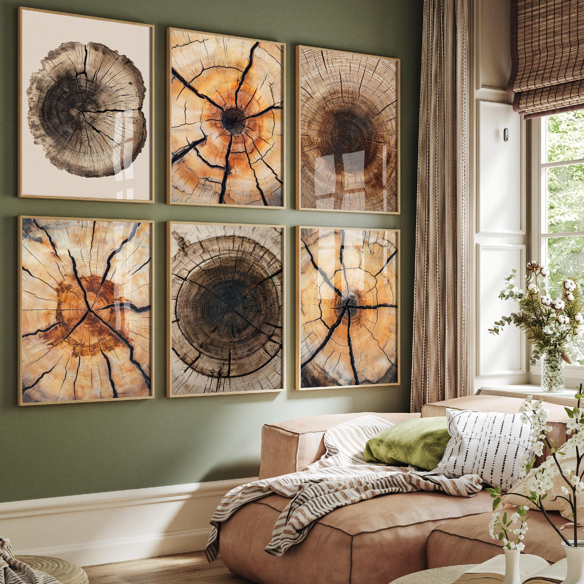 Set of Six Cracked Tree Ring Art Prints - 6 Close Up Wood Grain Posters - Amber, Orange and Dark Brown Timber Photo