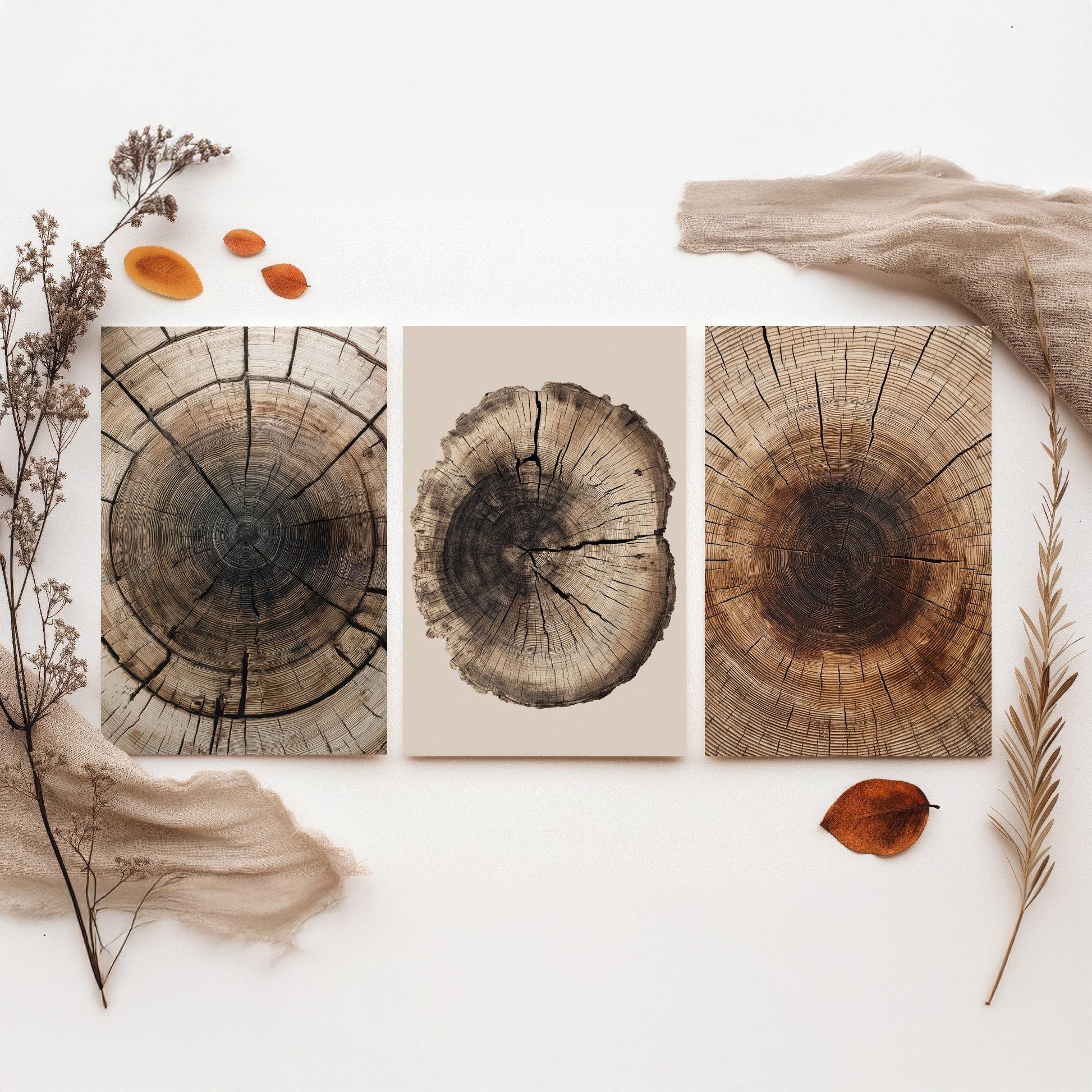 Zoomed Brown Wood Grain Set of Three Art Prints Poster Painting Rustic Decor V6