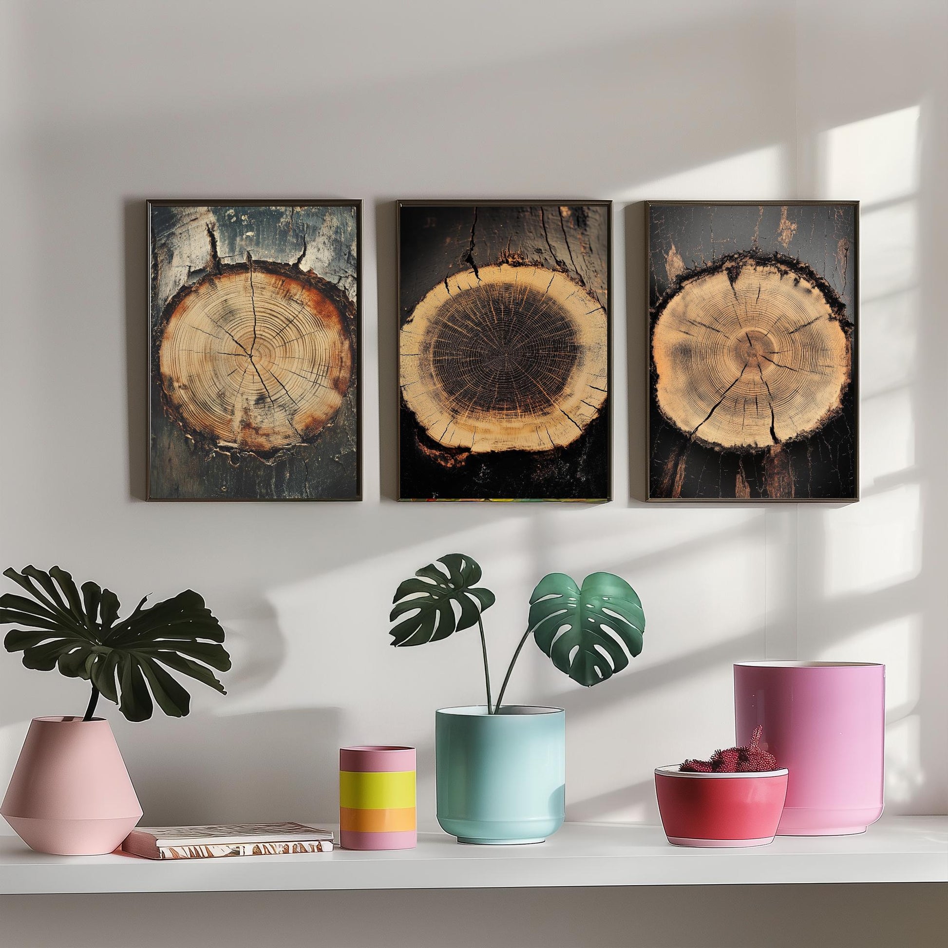 Moody Charcoal and Rust Tree Ring Set of Three Art Prints Poster Painting V7