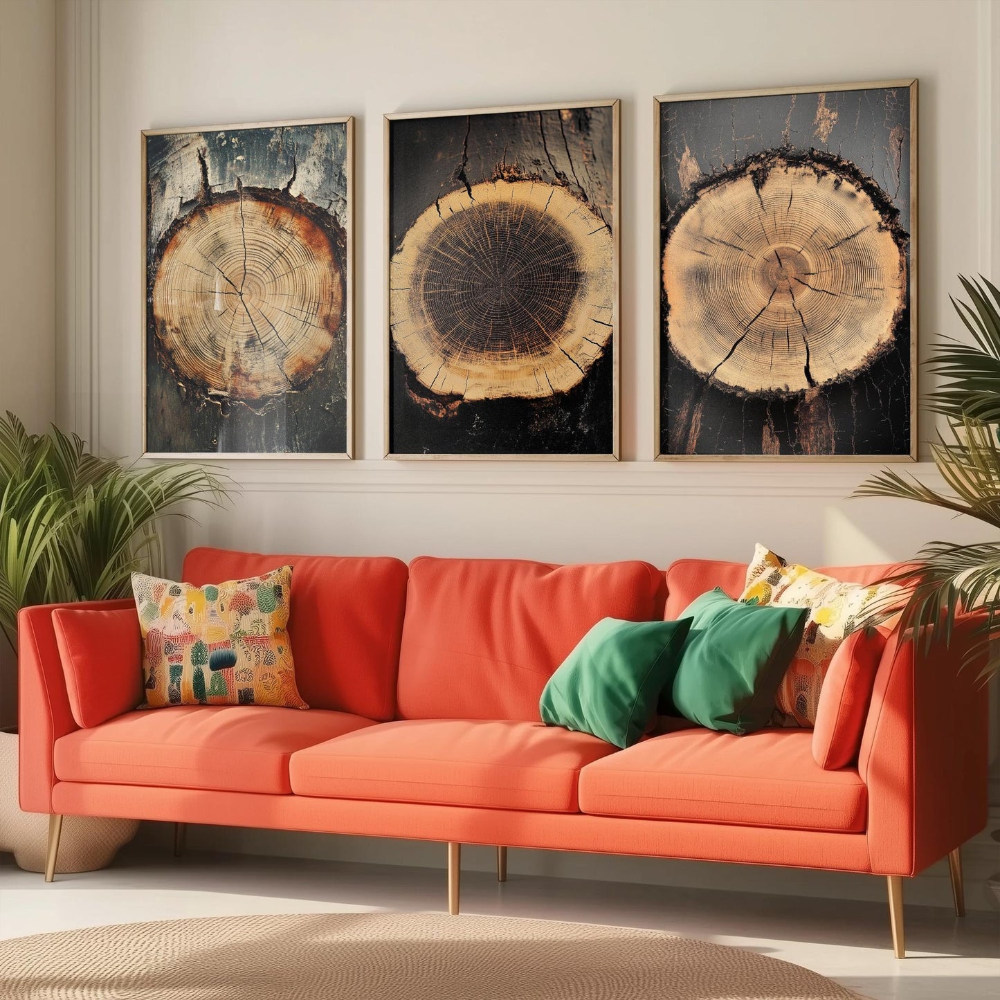 Moody Charcoal and Rust Tree Ring Set of Three Art Prints Poster Painting V7