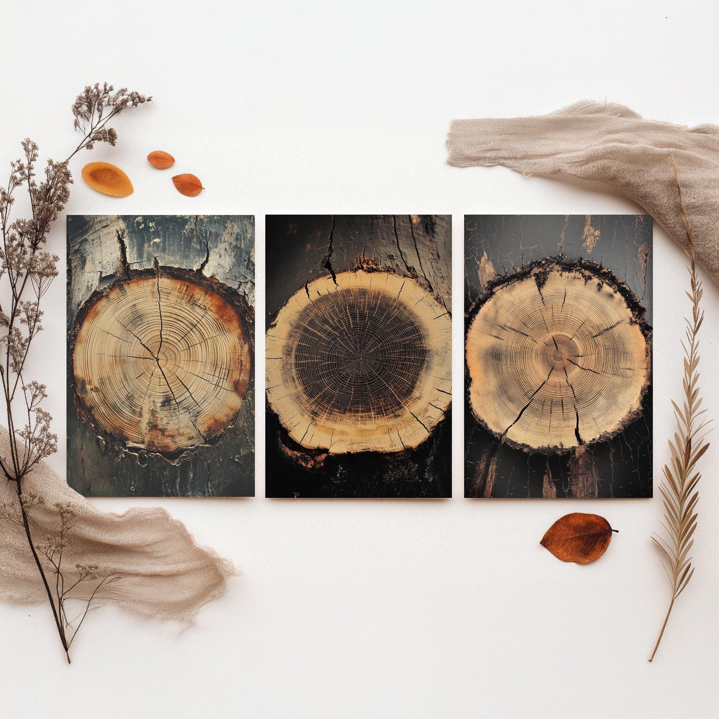 Moody Charcoal and Rust Tree Ring Set of Three Art Prints Poster Painting V7
