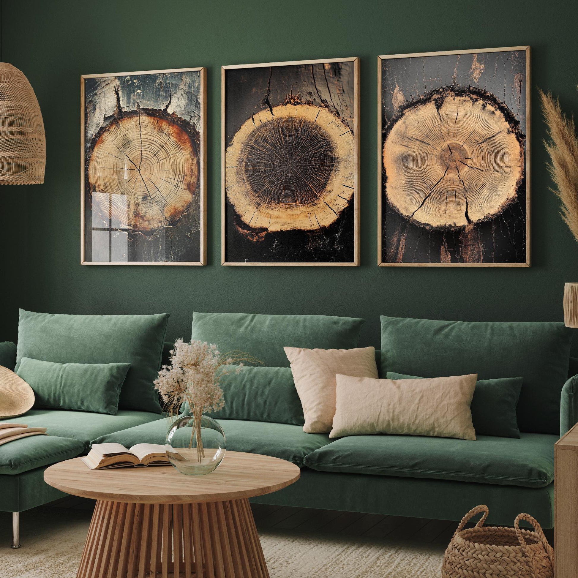 Moody Charcoal and Rust Tree Ring Set of Three Art Prints Poster Painting V7