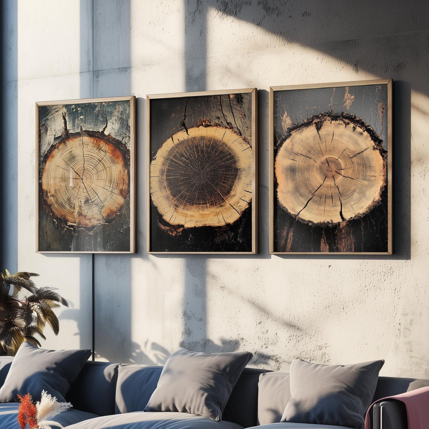 Moody Charcoal and Rust Tree Ring Set of Three Art Prints Poster Painting V7