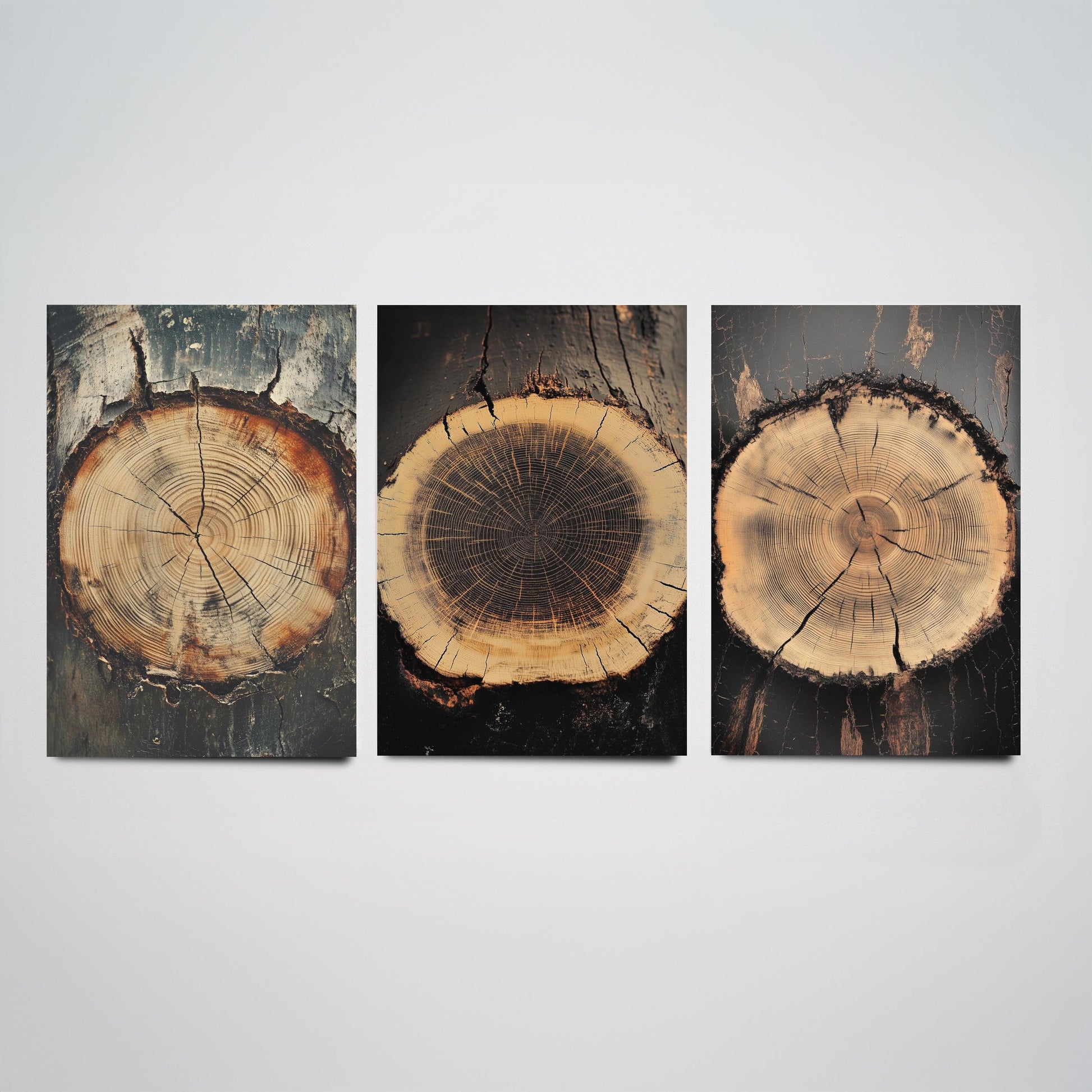 Moody Charcoal and Rust Tree Ring Set of Three Art Prints Poster Painting V7