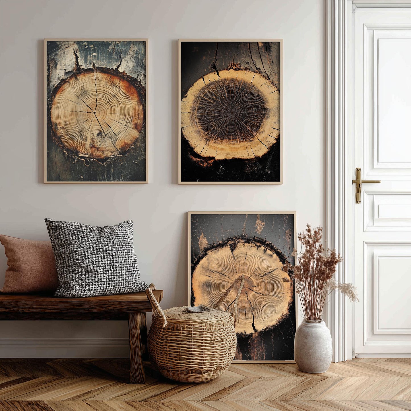 Moody Charcoal and Rust Tree Ring Set of Three Art Prints Poster Painting V7