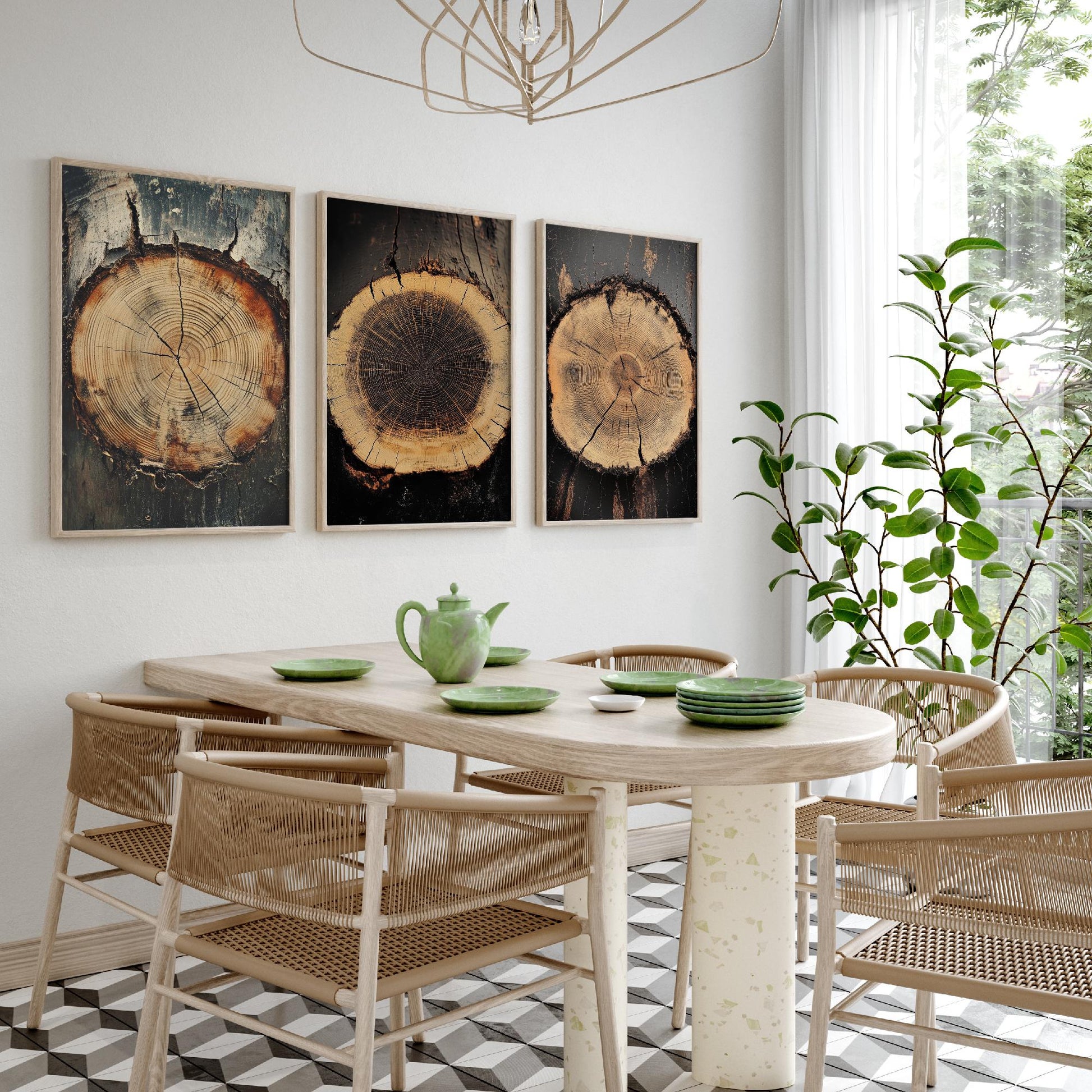 Moody Charcoal and Rust Tree Ring Set of Three Art Prints Poster Painting V7