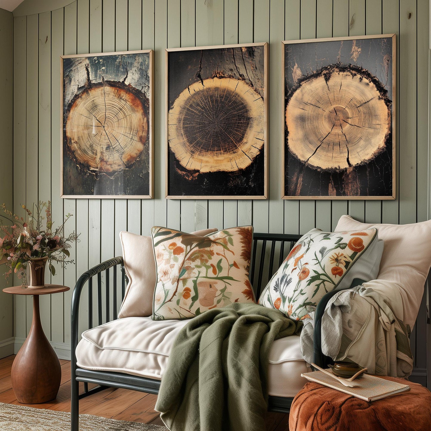 Moody Charcoal and Rust Tree Ring Set of Three Art Prints Poster Painting V7