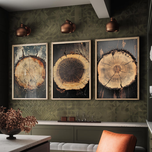Moody Charcoal and Rust Tree Ring Set of Three Art Prints Poster Painting V7