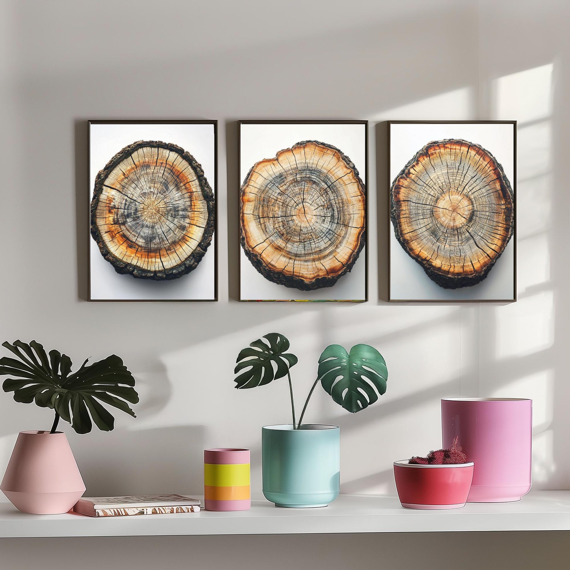 Bright Orange and Grey Wood Ring Set of Three Art Prints Poster Painting V8