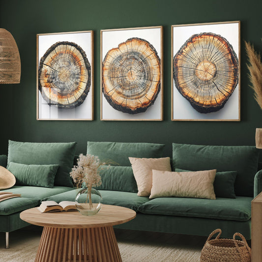 Bright Orange and Grey Wood Ring Set of Three Art Prints Poster Painting V8