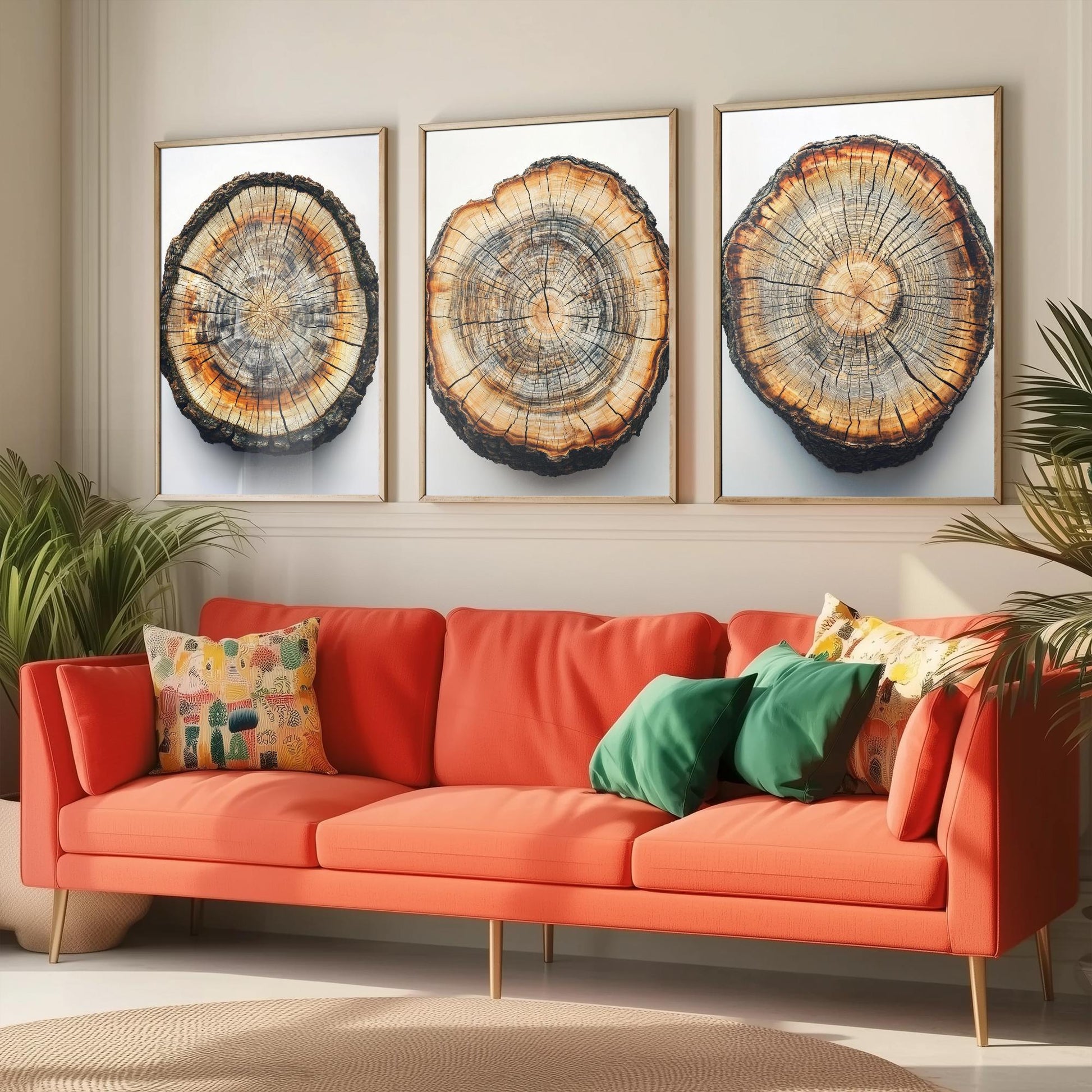 Bright Orange and Grey Wood Ring Set of Three Art Prints Poster Painting V8