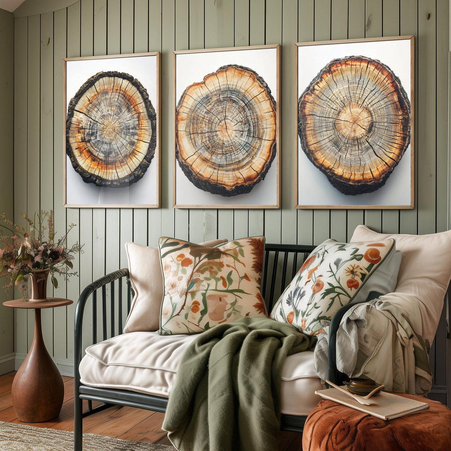 Bright Orange and Grey Wood Ring Set of Three Art Prints Poster Painting V8