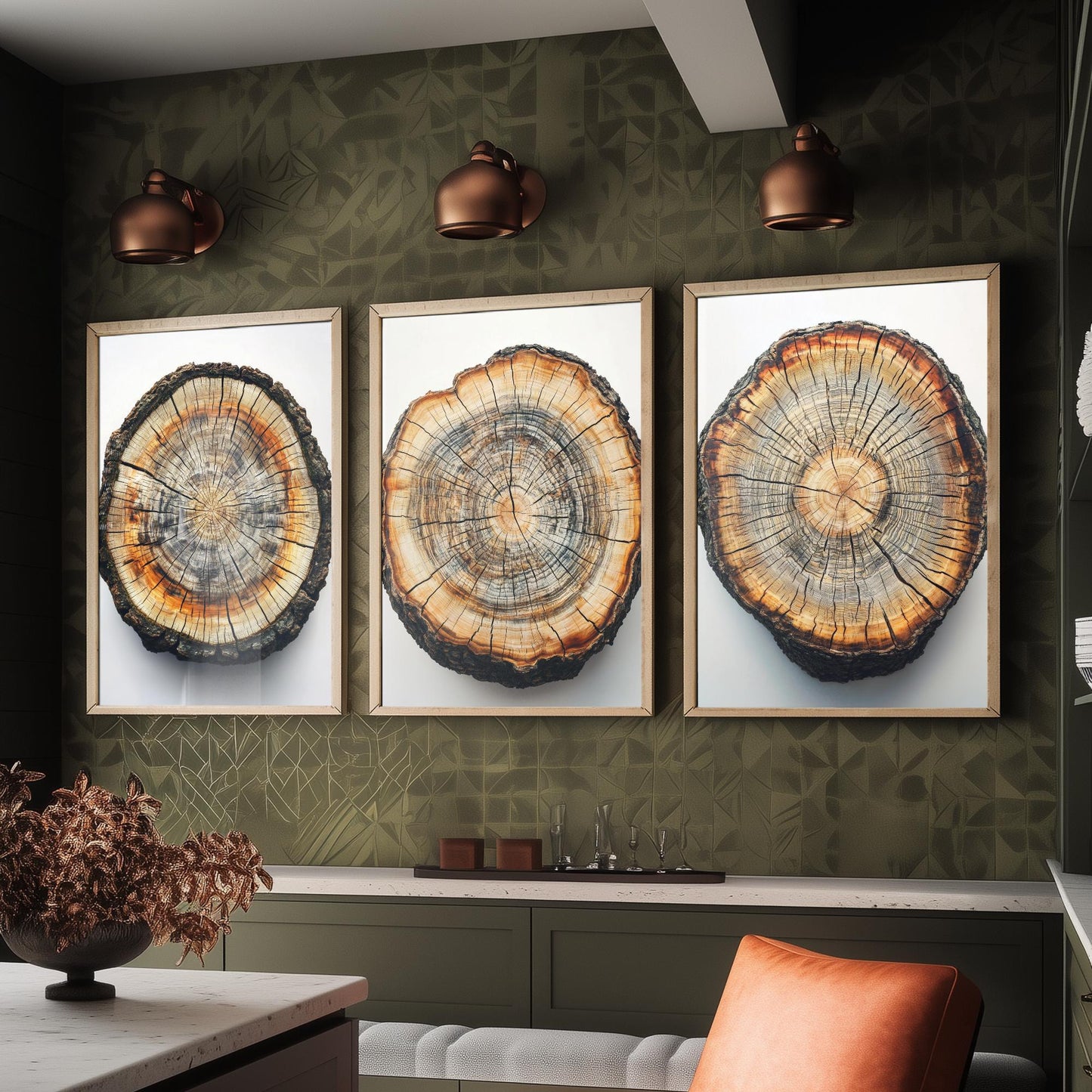 Bright Orange and Grey Wood Ring Set of Three Art Prints Poster Painting V8
