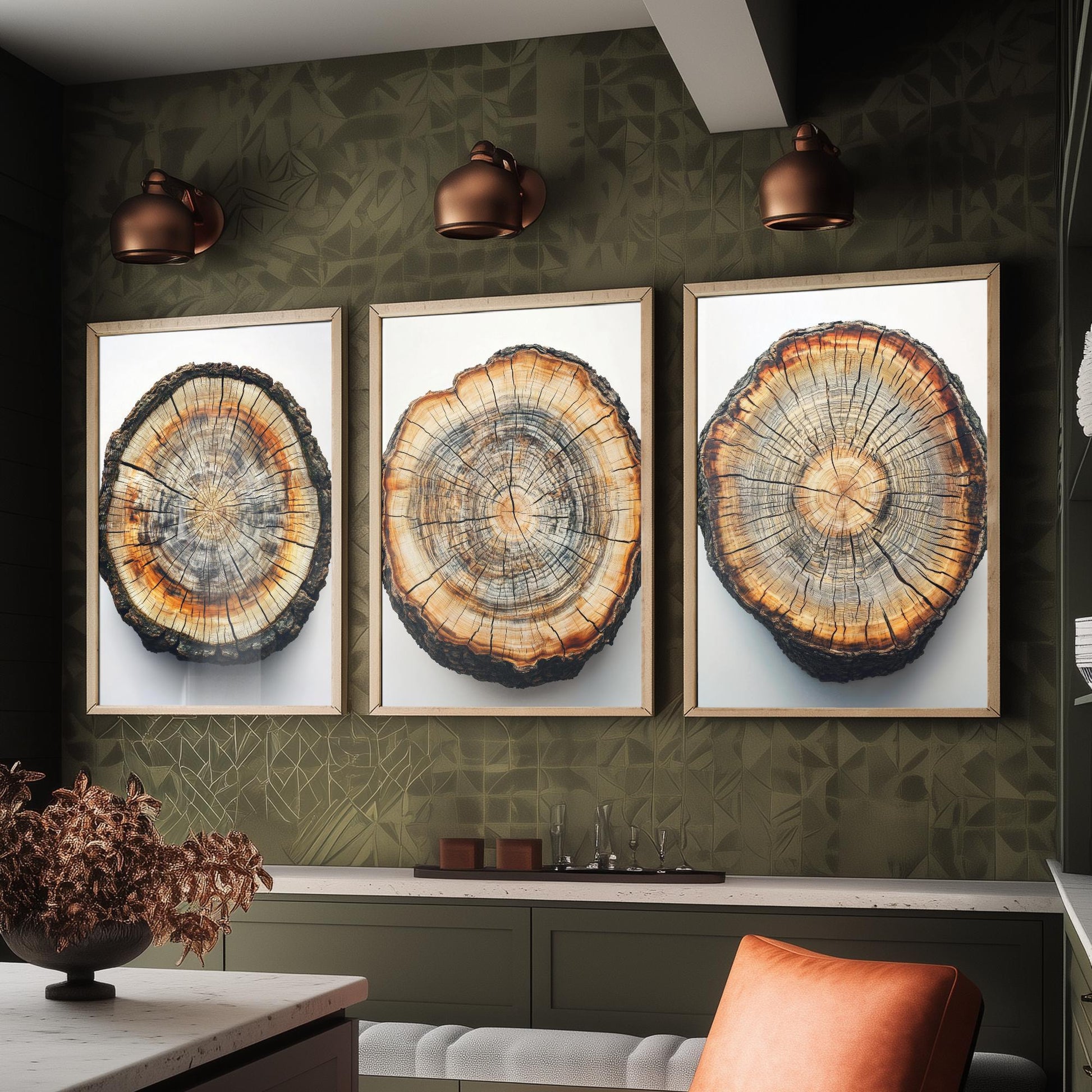 Bright Orange and Grey Wood Ring Set of Three Art Prints Poster Painting V8