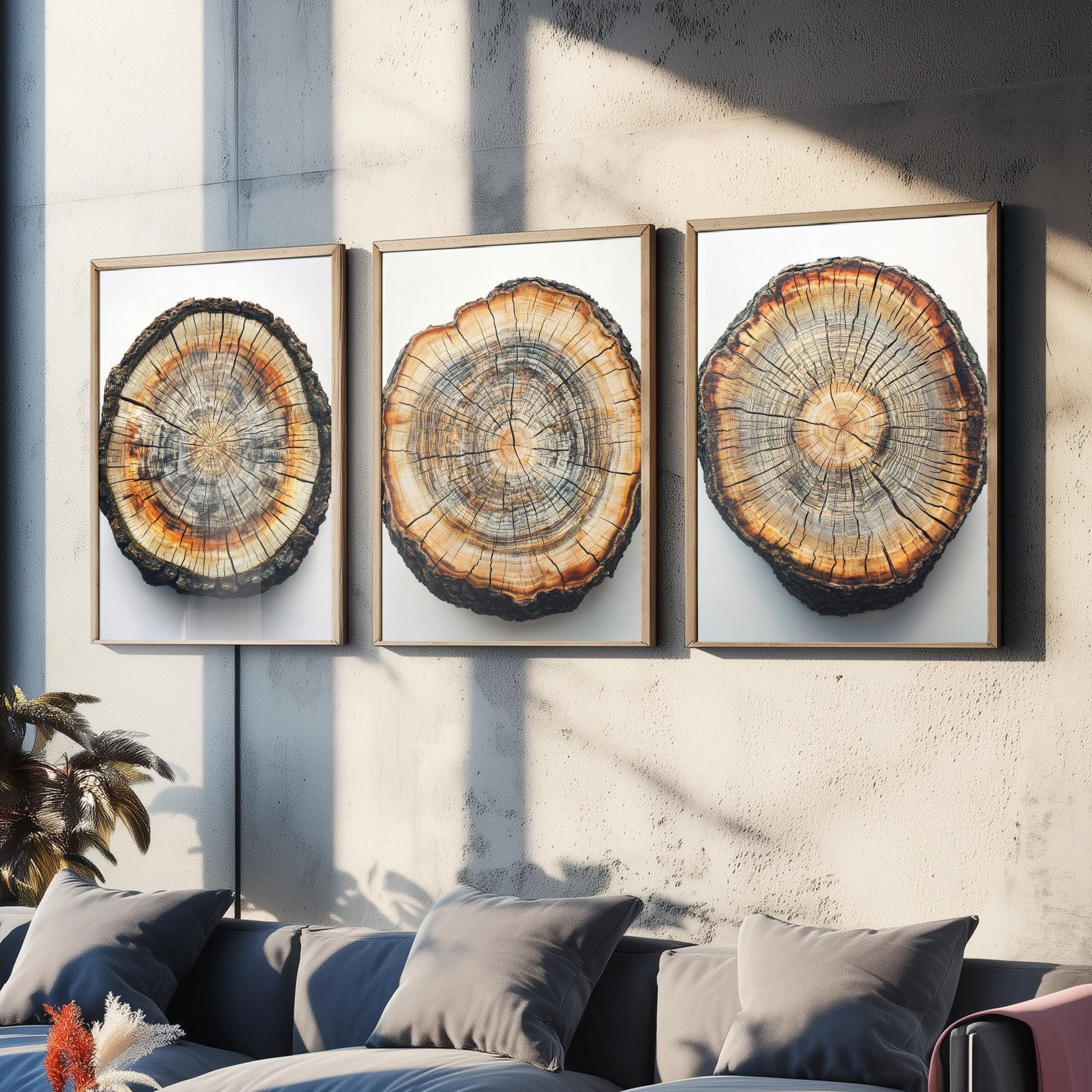 Bright Orange and Grey Wood Ring Set of Three Art Prints Poster Painting V8