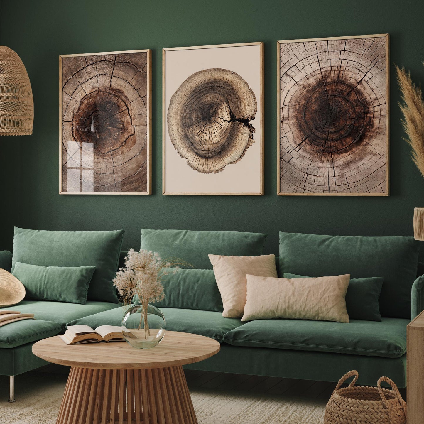 Warm Sepia Wood Ring on Beige Set of Three Art Prints Poster Painting V9