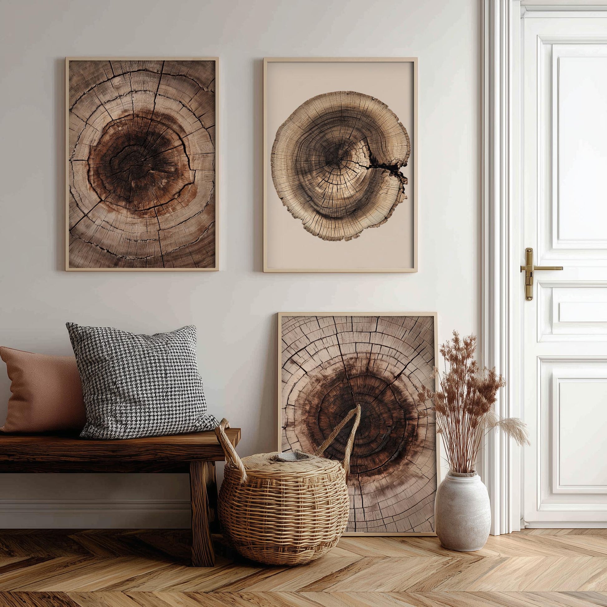 Warm Sepia Wood Ring on Beige Set of Three Art Prints Poster Painting V9