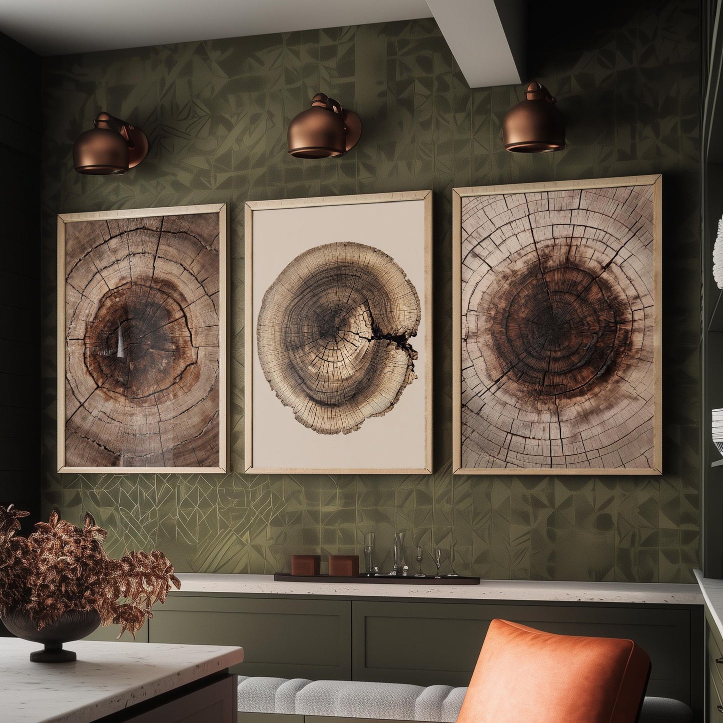Warm Sepia Wood Ring on Beige Set of Three Art Prints Poster Painting V9