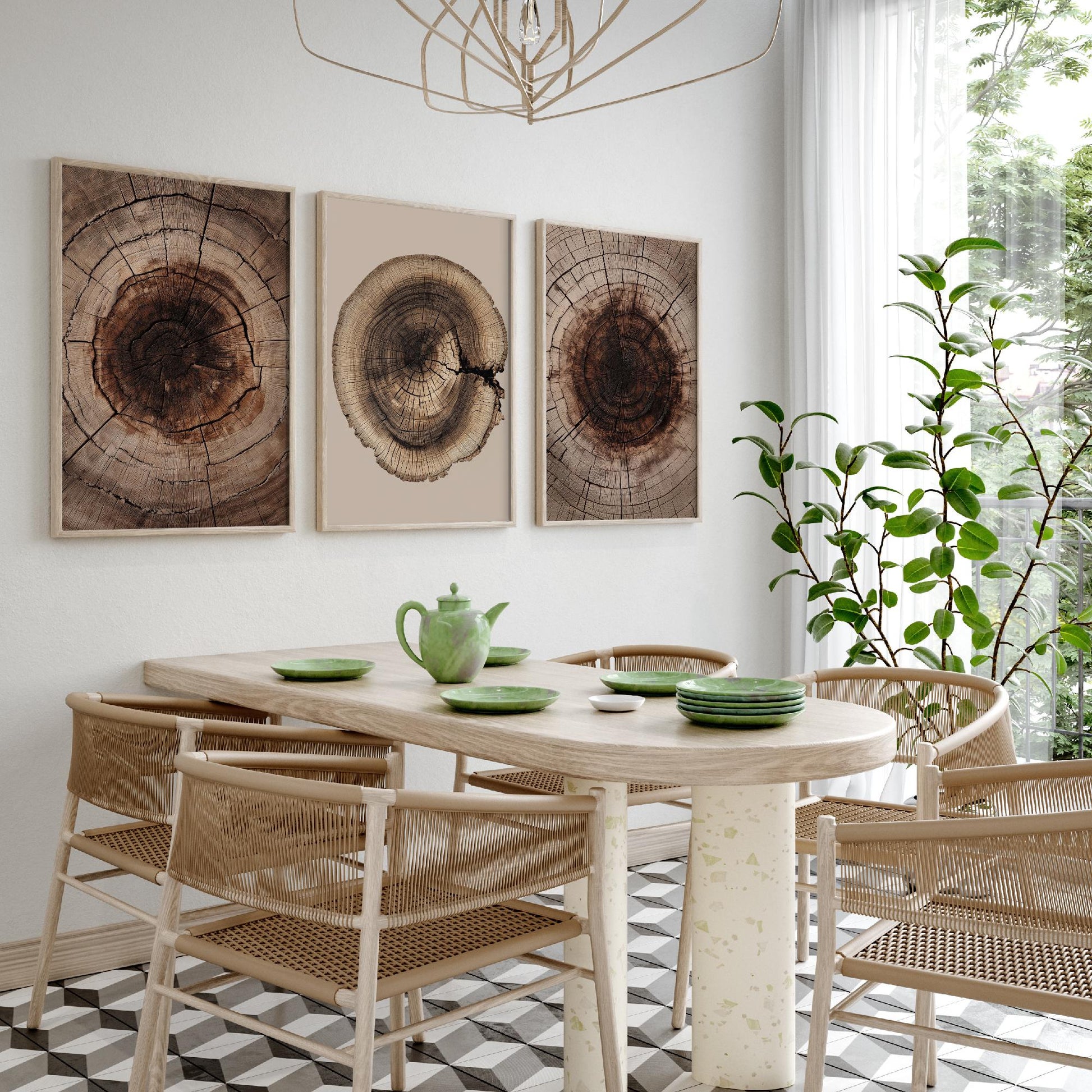 Warm Sepia Wood Ring on Beige Set of Three Art Prints Poster Painting V9
