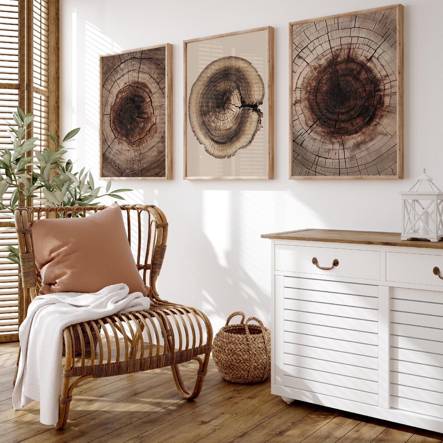 Warm Sepia Wood Ring on Beige Set of Three Art Prints Poster Painting V9