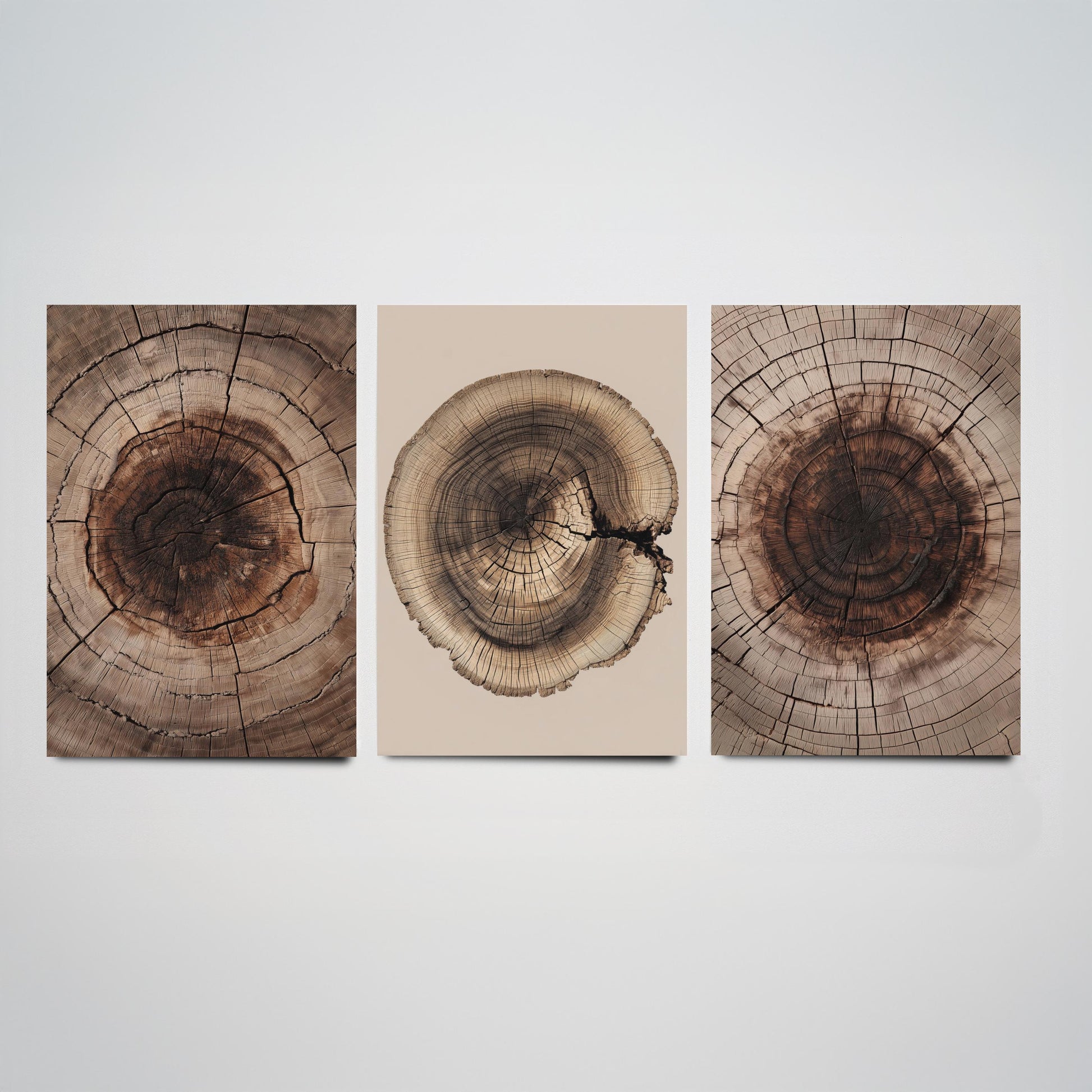 Warm Sepia Wood Ring on Beige Set of Three Art Prints Poster Painting V9