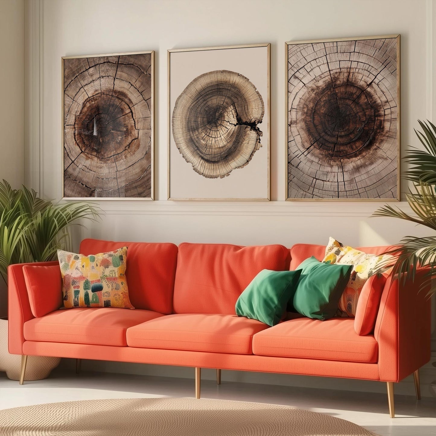 Warm Sepia Wood Ring on Beige Set of Three Art Prints Poster Painting V9