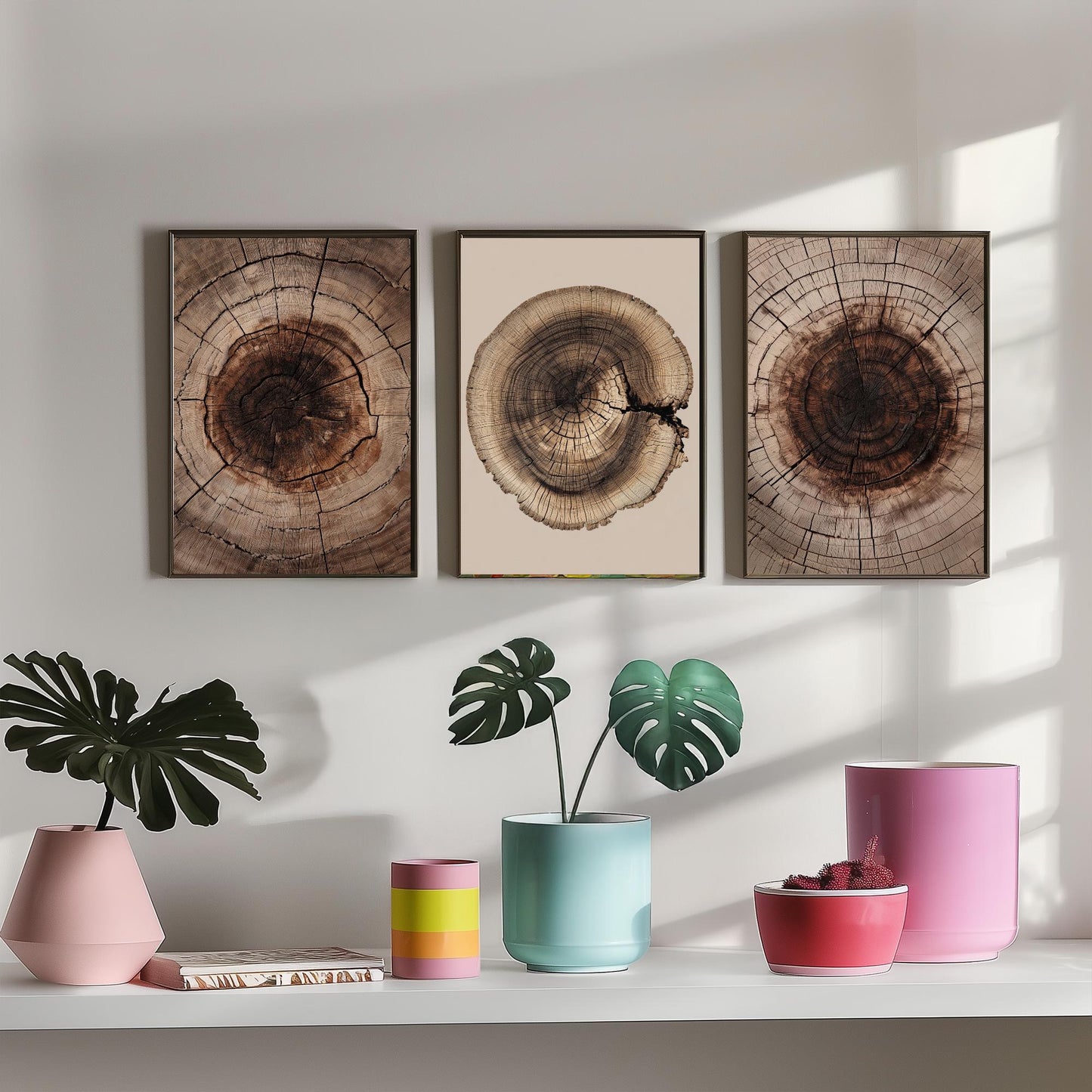Warm Sepia Wood Ring on Beige Set of Three Art Prints Poster Painting V9