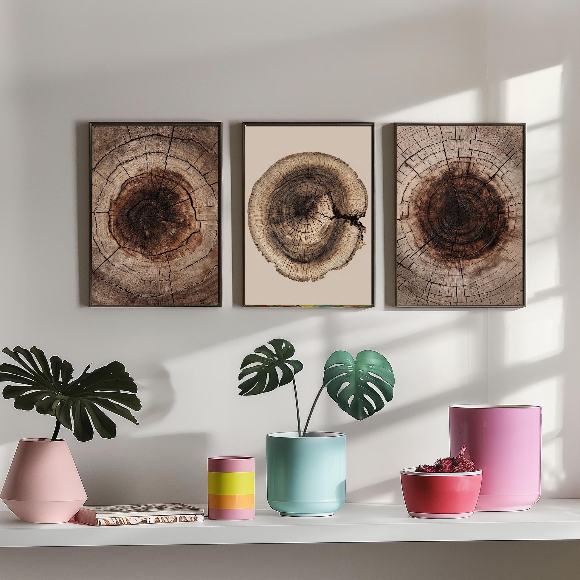 Warm Sepia Wood Ring on Beige Set of Three Art Prints Poster Painting V9