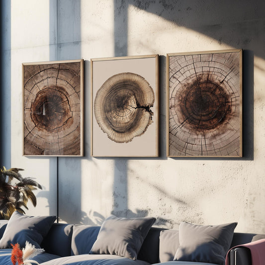 Warm Sepia Wood Ring on Beige Set of Three Art Prints Poster Painting V9