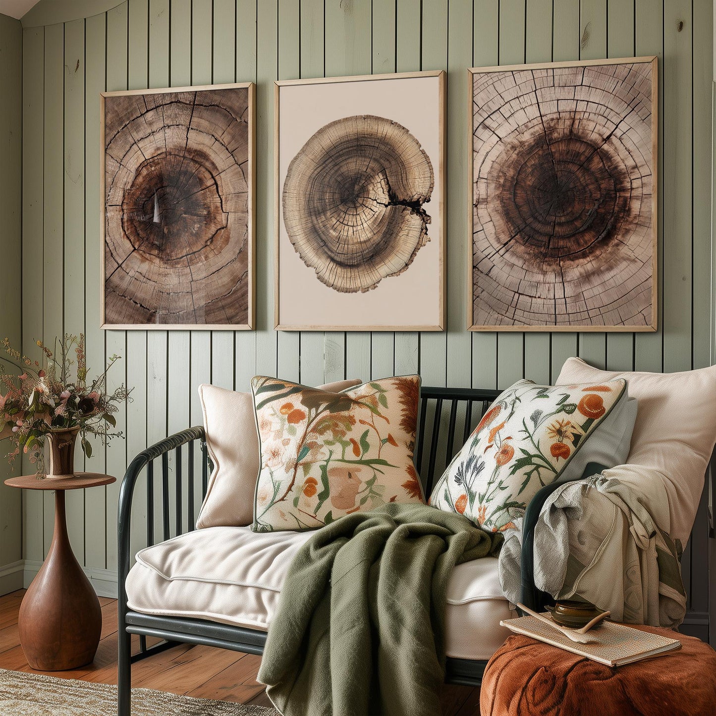 Warm Sepia Wood Ring on Beige Set of Three Art Prints Poster Painting V9