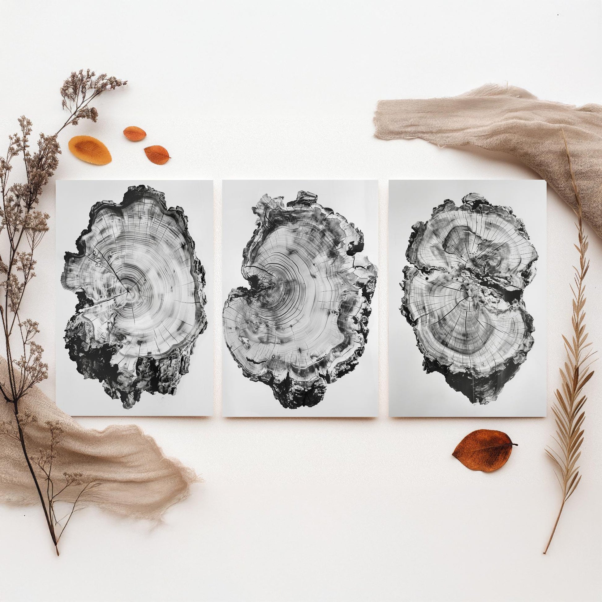 Warped Black and White Tree Ring Set of Three Art Prints Poster Painting Decor