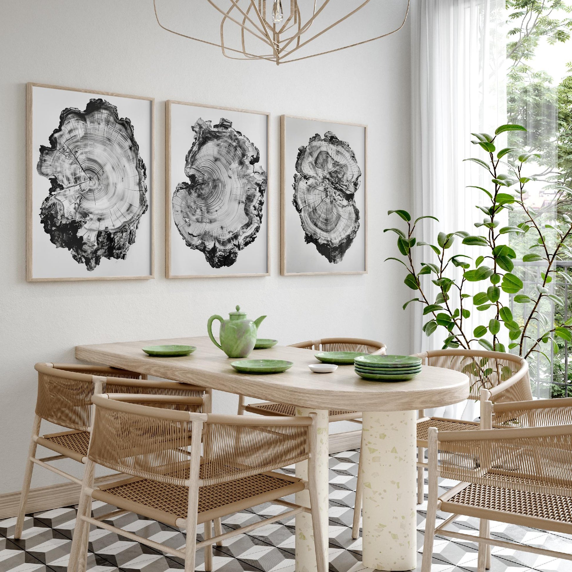 Warped Black and White Tree Ring Set of Three Art Prints Poster Painting Decor