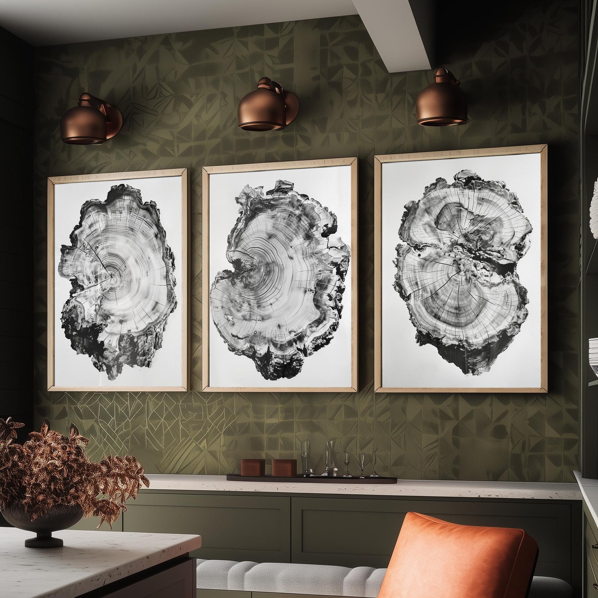 Warped Black and White Tree Ring Set of Three Art Prints Poster Painting Decor