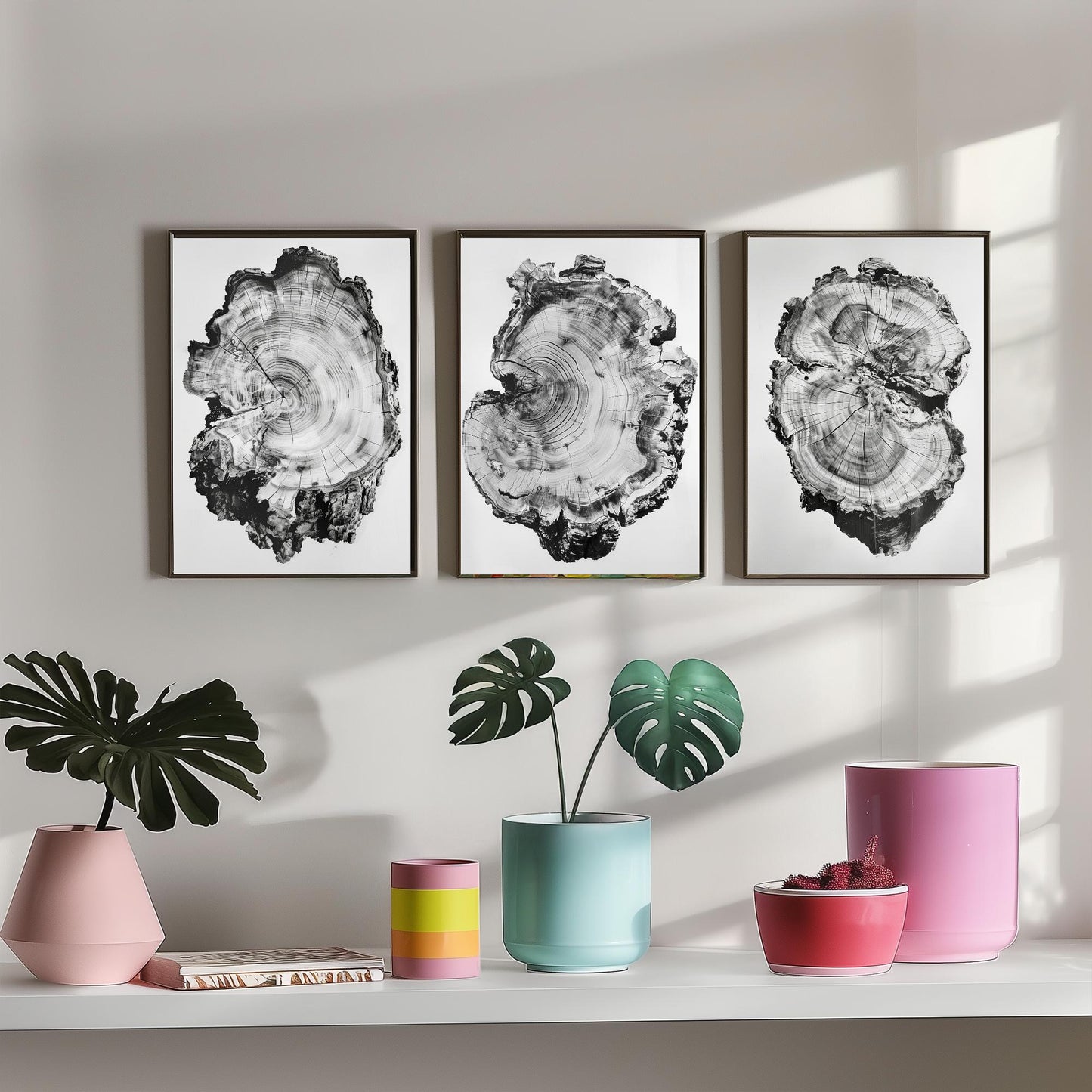 Warped Black and White Tree Ring Set of Three Art Prints Poster Painting Decor