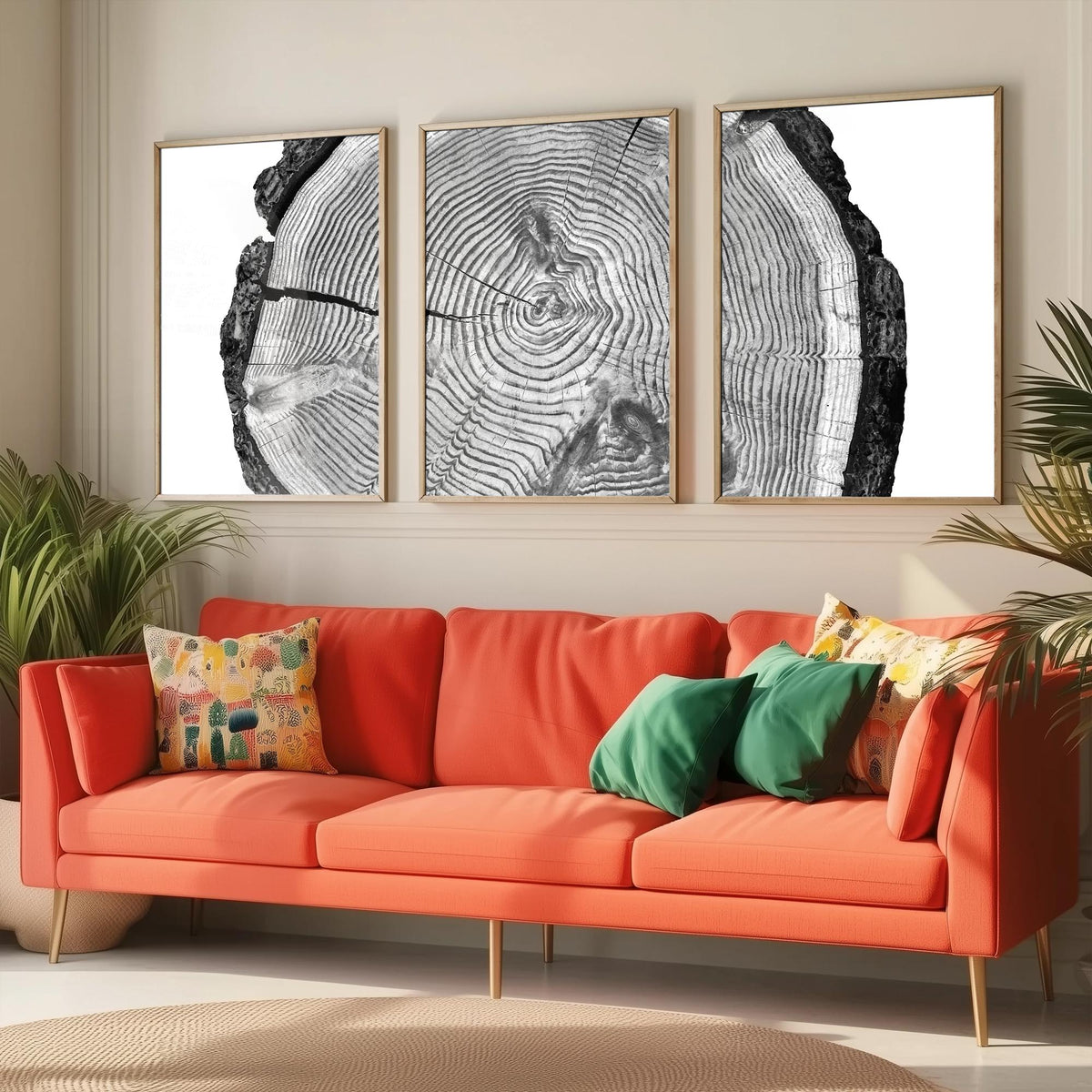 Tree Rings Set of Three Art Prints - Black and White Log Cross Section Split Across Three Panels - Monochrome Wood Photo Poster