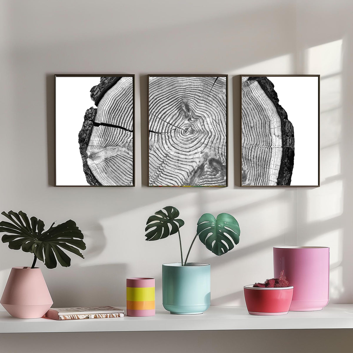 Tree Rings Set of Three Art Prints - Black and White Log Cross Section Split Across Three Panels - Monochrome Wood Photo Poster