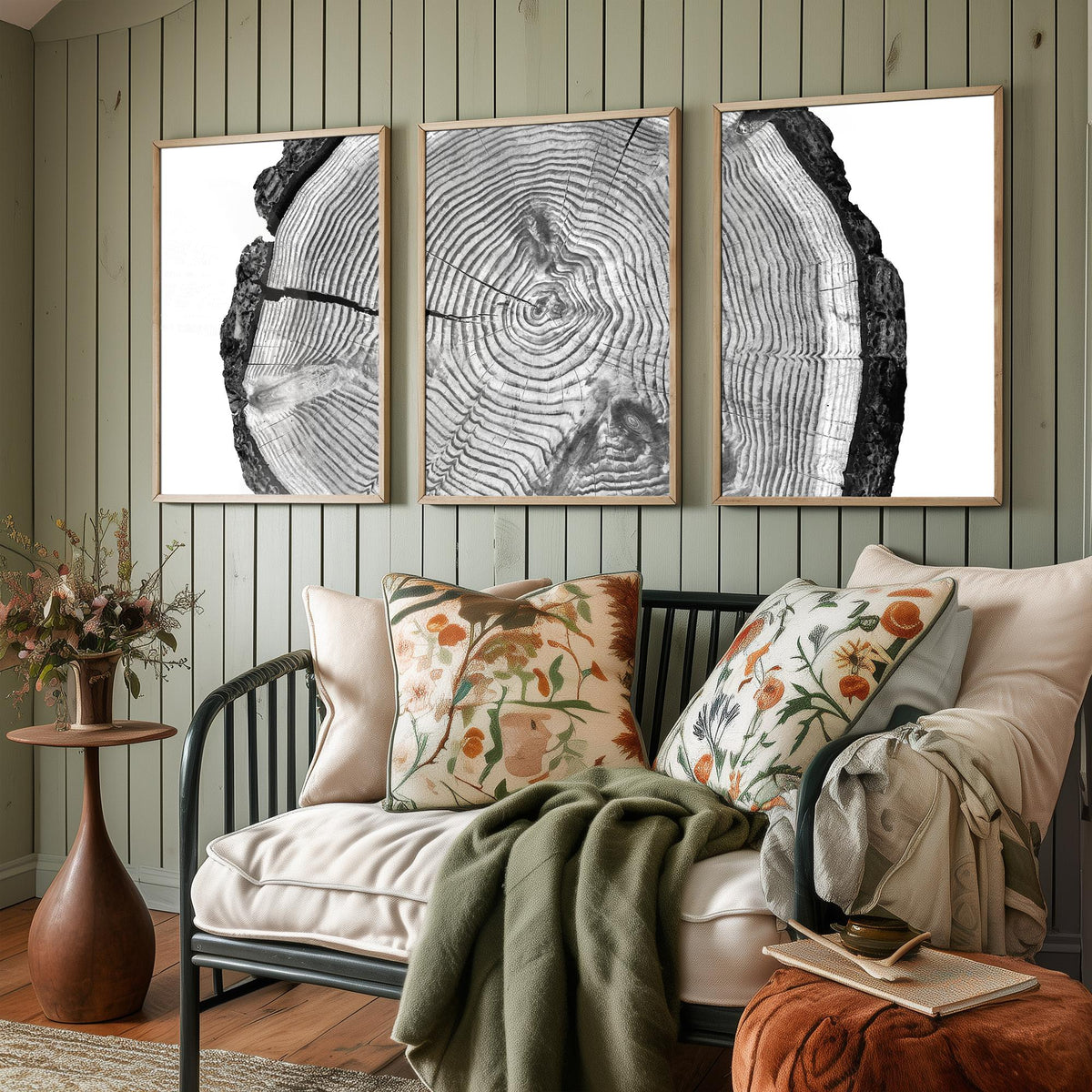 Tree Rings Set of Three Art Prints - Black and White Log Cross Section Split Across Three Panels - Monochrome Wood Photo Poster