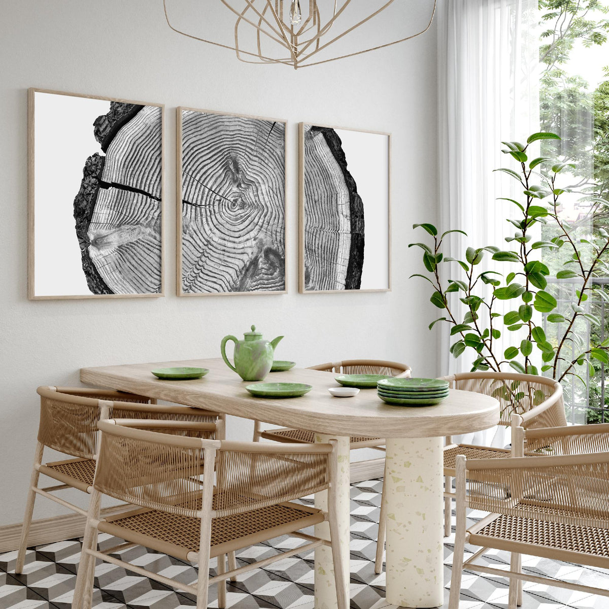 Tree Rings Set of Three Art Prints - Black and White Log Cross Section Split Across Three Panels - Monochrome Wood Photo Poster