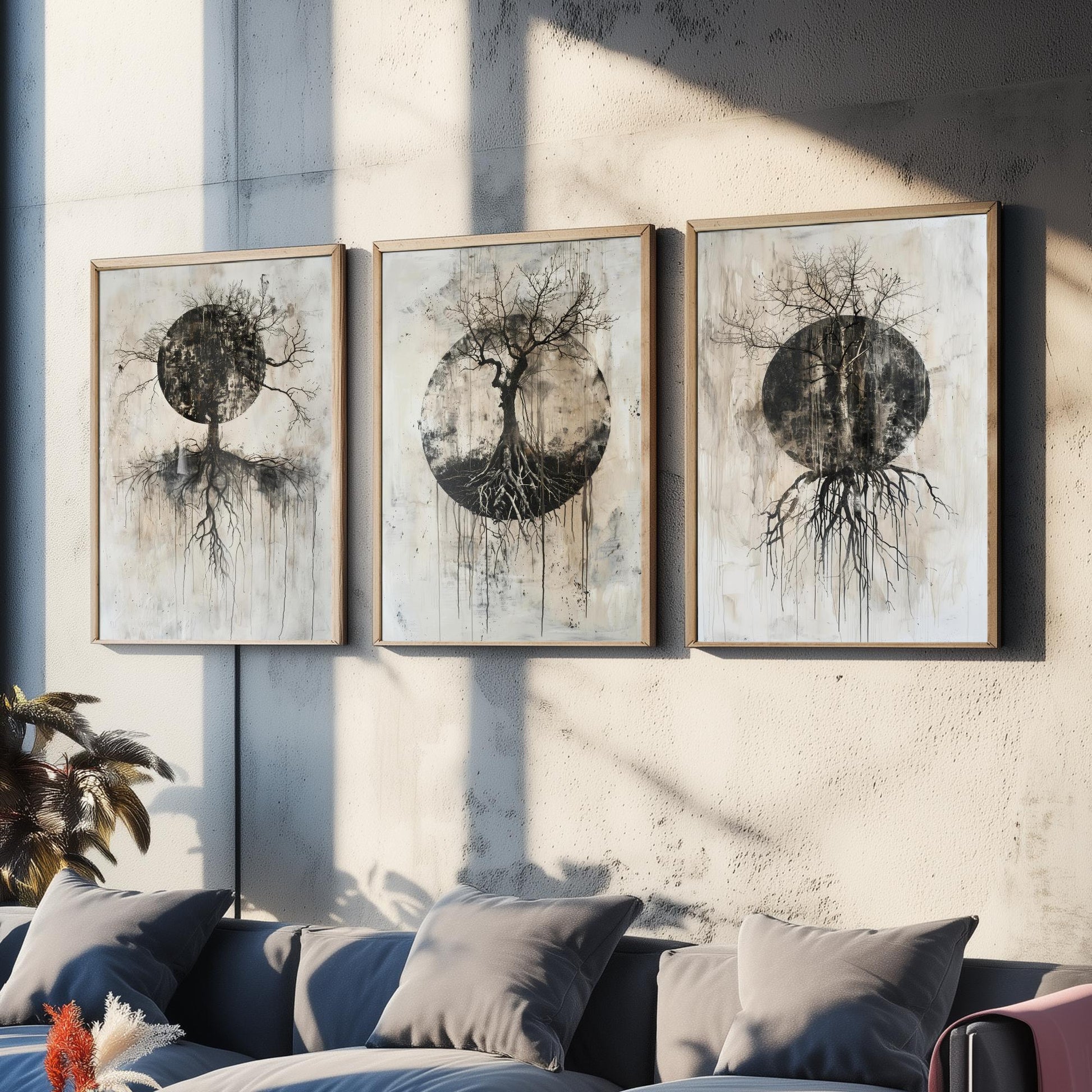Spooky Black Circle Tree Roots Set of Three Art Prints Poster Illustration Beige