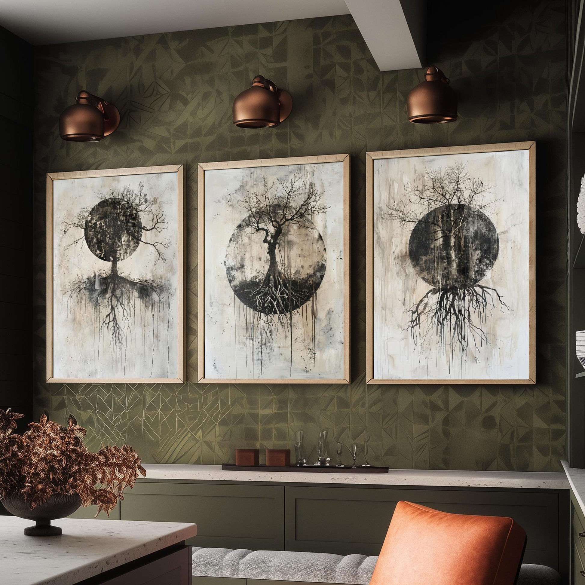 Spooky Black Circle Tree Roots Set of Three Art Prints Poster Illustration Beige
