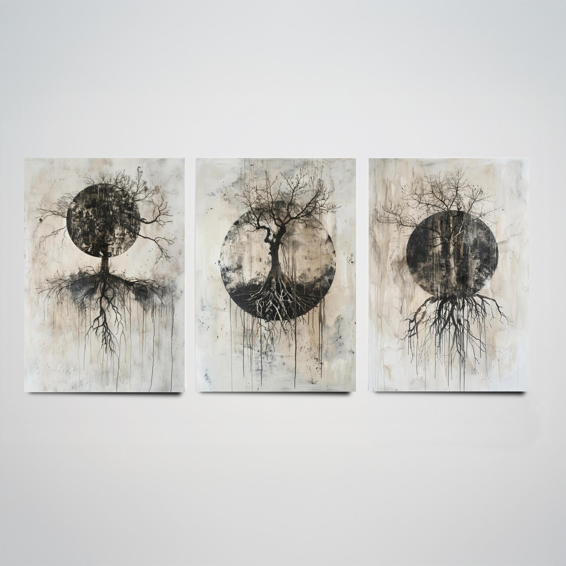 Spooky Black Circle Tree Roots Set of Three Art Prints Poster Illustration Beige