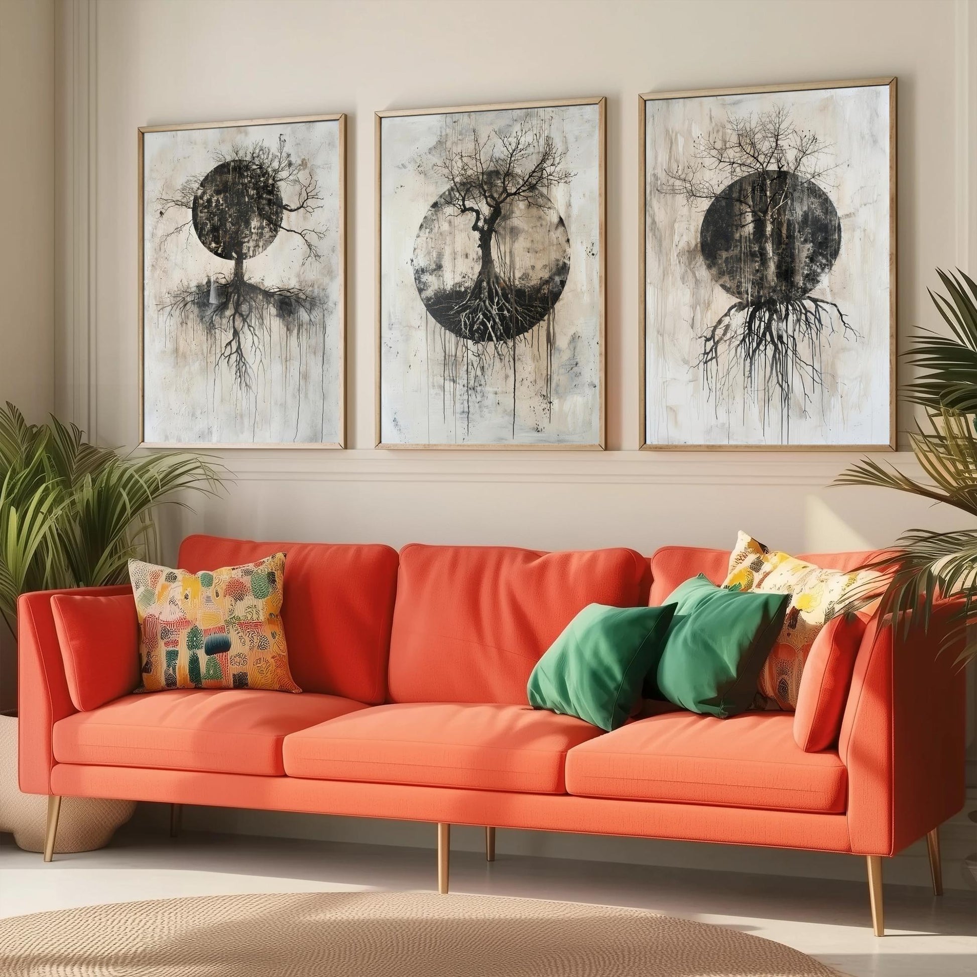 Spooky Black Circle Tree Roots Set of Three Art Prints Poster Illustration Beige