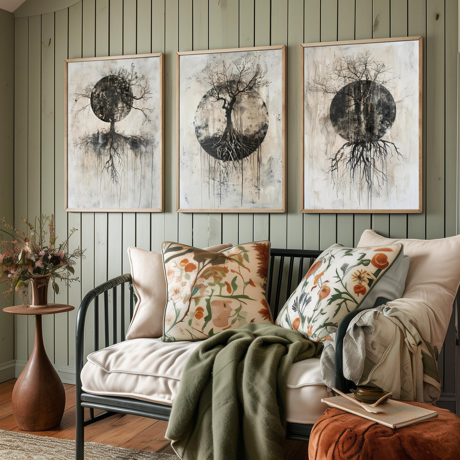 Spooky Black Circle Tree Roots Set of Three Art Prints Poster Illustration Beige