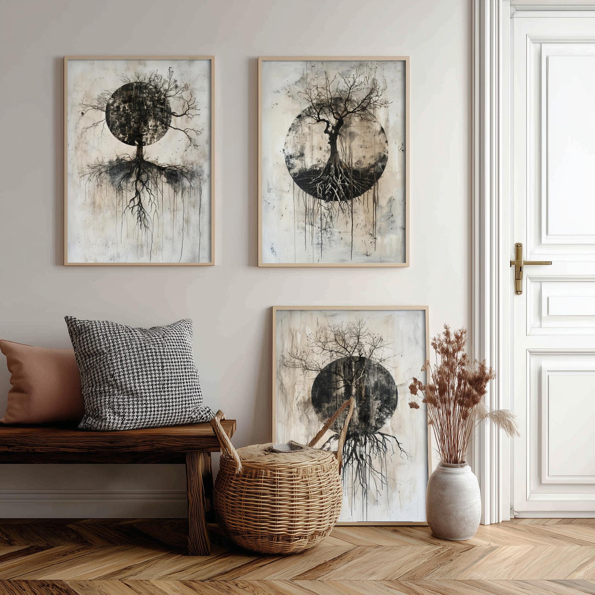 Spooky Black Circle Tree Roots Set of Three Art Prints Poster Illustration Beige