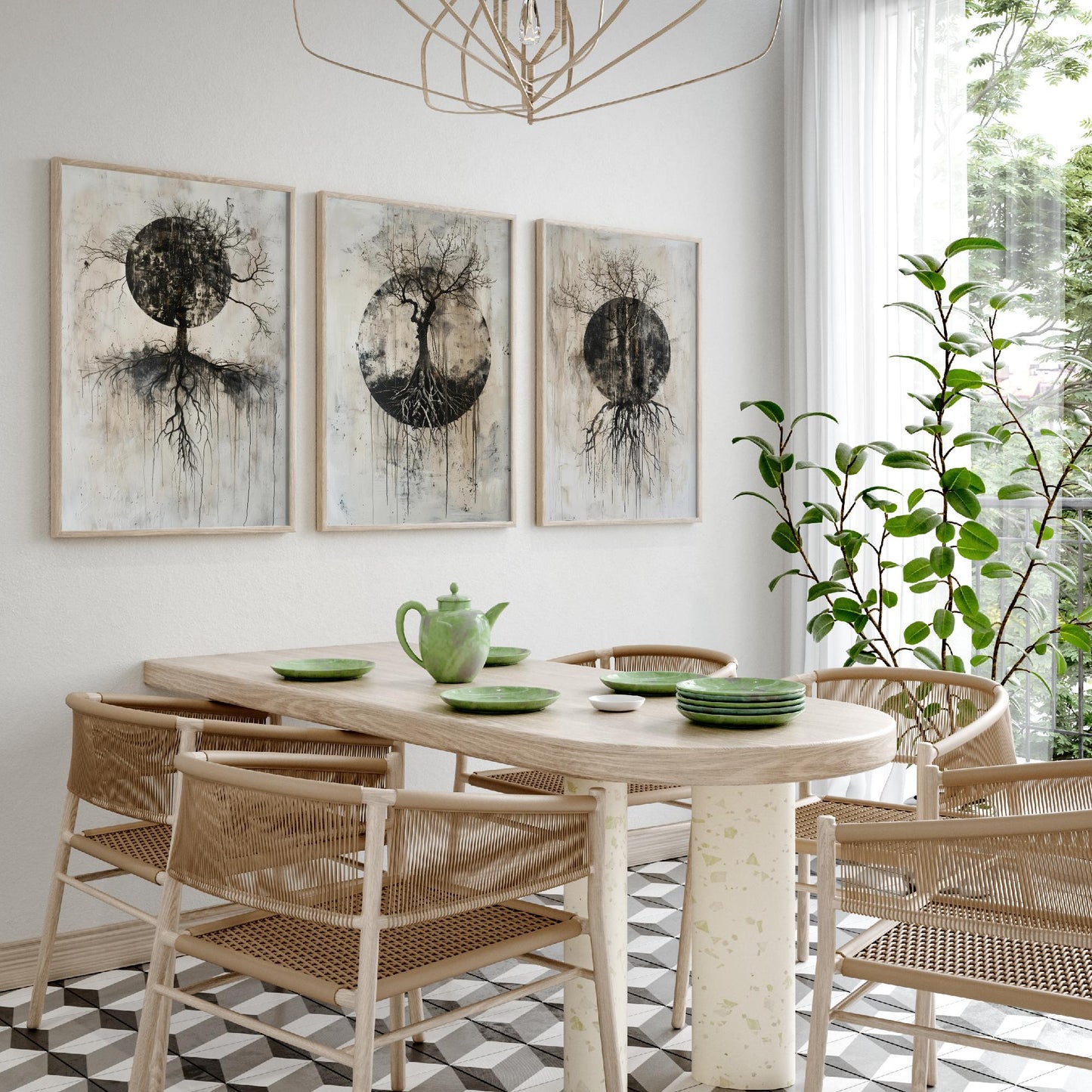 Spooky Black Circle Tree Roots Set of Three Art Prints Poster Illustration Beige