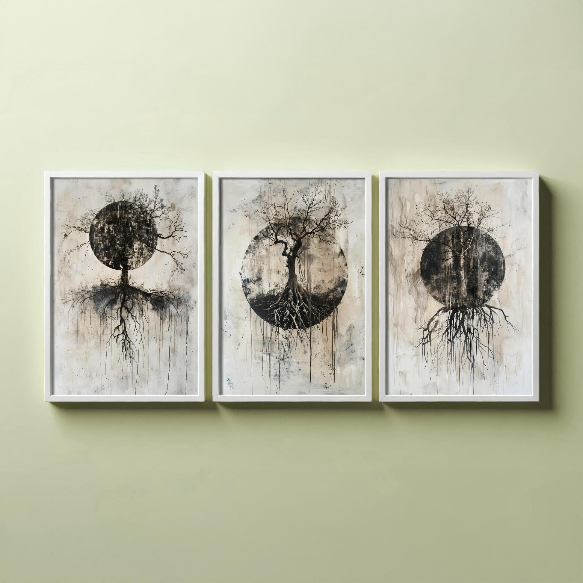 Spooky Black Circle Tree Roots Set of Three Art Prints Poster Illustration Beige